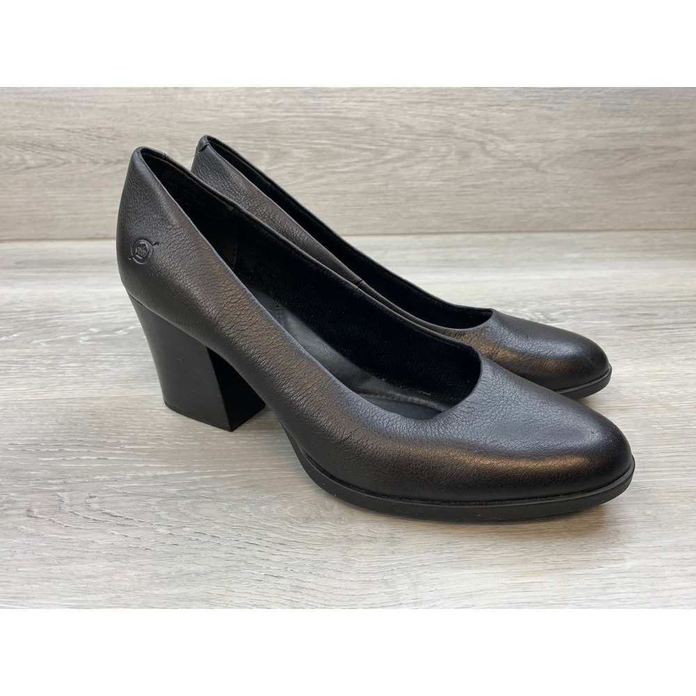 Born Black Leather Block Heel Pumps Round Toe Women's Comfort Shoes